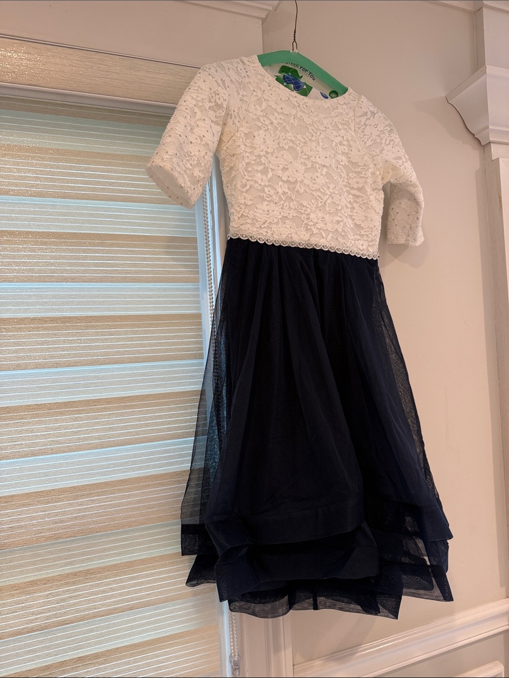 Girls White Lace & Navy Tulle Party Dress